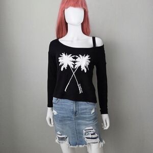 bebe Long Sleeve Black T-shirt With Wide Neck & 1 Open Shoulder W/Strap, Size S